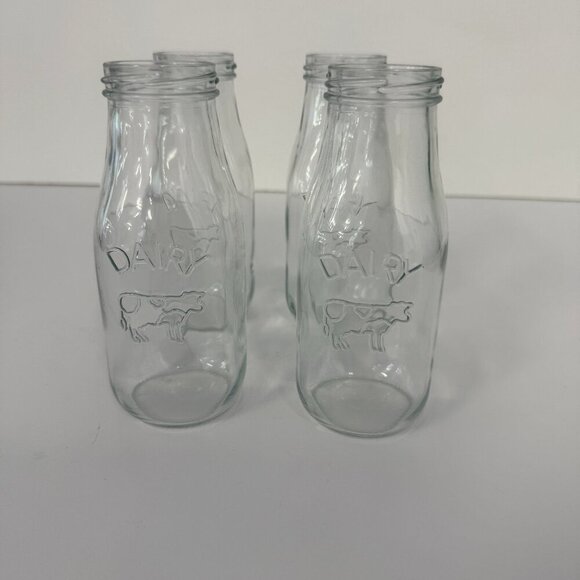 Set of 4 Country Clear Glass 10.5oz Milk Bottles with Embossed "Dairy" & Cow - Picture 3 of 4